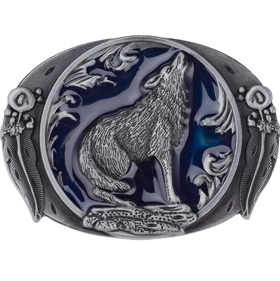 New silver wolf and feathers belt buckle. Fits 1.5" belt. - Picture 8 of 8